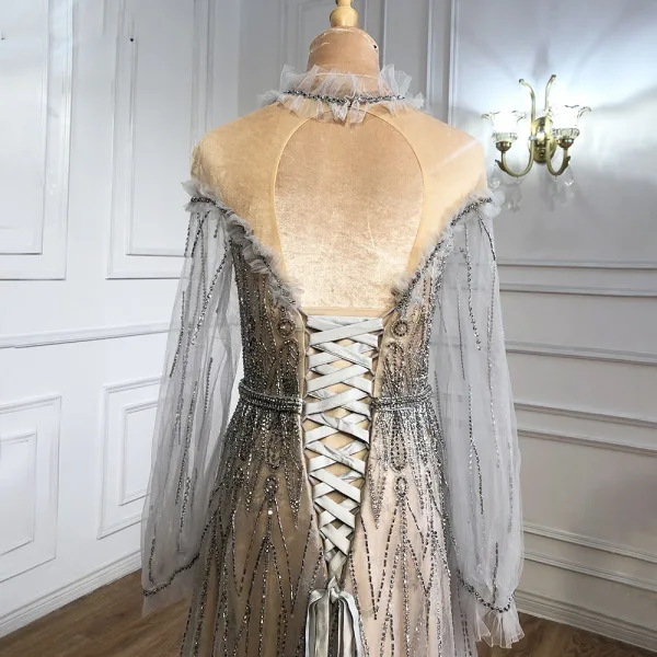 High-end Fashion Silver Evening Dresses  2021 A-Line / Princess Scoop Neck Beading Rhinestone Ruffle Long Sleeve Backless Floor-Length / Long Formal Dresses