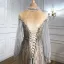 High-end Fashion Silver Evening Dresses  2021 A-Line / Princess Scoop Neck Beading Rhinestone Ruffle Long Sleeve Backless Floor-Length / Long Formal Dresses