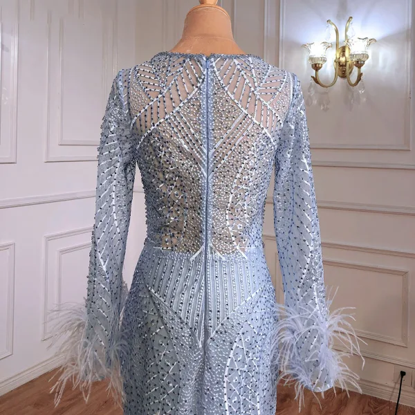 High-end Charming Sky Blue Evening Dresses 2021 Trumpet / Mermaid V-Neck Beading Rhinestone Long Sleeve Tassel Evening Party Floor-Length / Long Formal Dresses