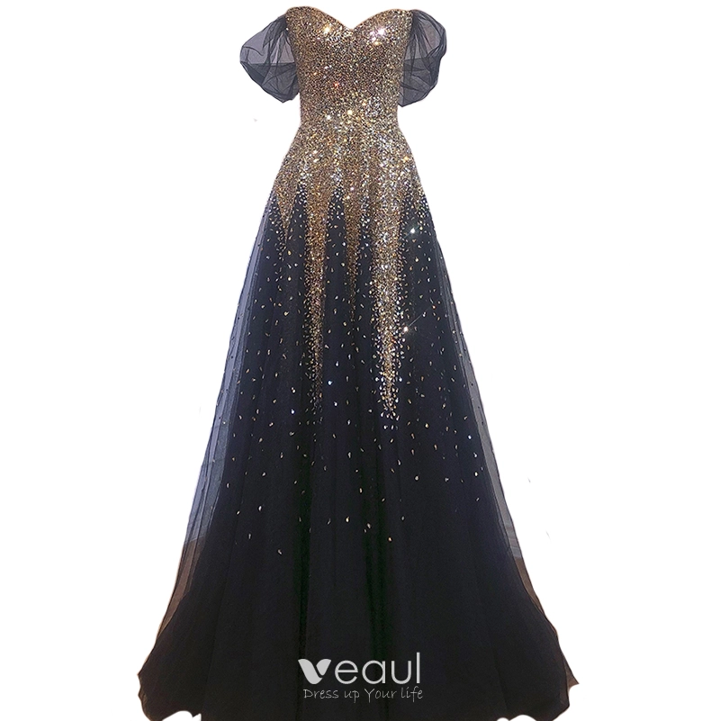 Sparkly Black Gold Starry Sky Beading Sequins Evening Dresses 2021 A-Line /  Princess Off-The-Shoulder Backless Bow Short Sleeve Floor-Length / Long Formal  Dresses