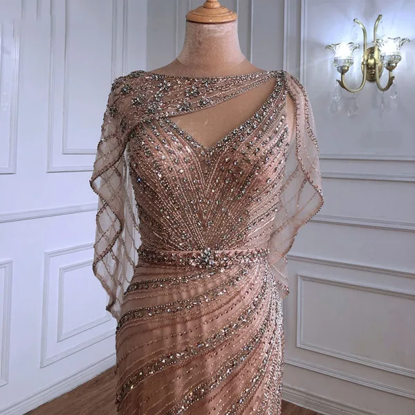 Luxury / Gorgeous Gold Handmade Beading Rhinestone Evening Dresses 2021 Trumpet / Mermaid V-Neck Sleeveless Backless Floor-Length / Long Evening Party Formal Dresses