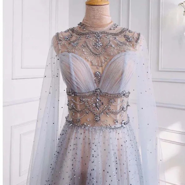 Luxury / Gorgeous High-end Grey Beading Sequins Rhinestone Evening Dresses 2021 A-Line / Princess Scoop Neck Short Sleeve Evening Party Sweep Train Formal Dresses