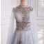 Luxury / Gorgeous High-end Grey Beading Sequins Rhinestone Evening Dresses 2021 A-Line / Princess Scoop Neck Short Sleeve Evening Party Sweep Train Formal Dresses