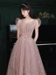 Charming Dusky Pink Prom Dresses 2021 A-Line / Princess V-Neck Glitter Star Beading Sequins Puffy Short Sleeve Backless Floor-Length / Long Formal Dresses