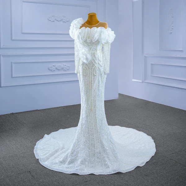 Luxury / Gorgeous White Ruffle Wedding Dresses 2021 Trumpet / Mermaid Scoop Neck Beading Pearl Sequins Long Sleeve Backless Floor-Length / Long Wedding