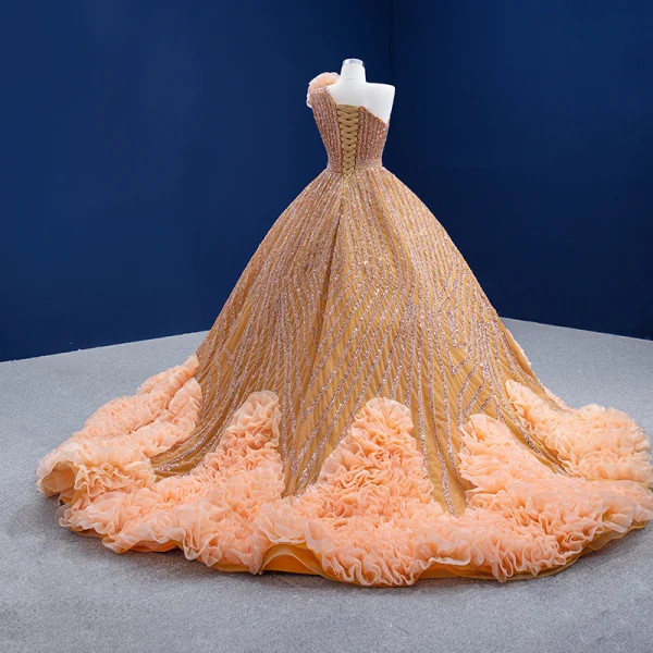 Luxury / Gorgeous Orange Beading Rhinestone Sequins Ruffle Wedding Dresses 2021 Ball Gown One-Shoulder Sleeveless Backless Floor-Length / Long Wedding