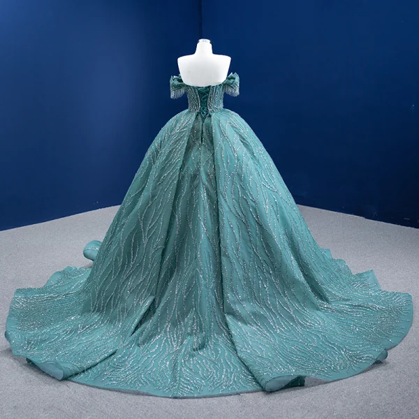 Charmant Vert Citron Perlage Gland Faux Diamant Paillettes Robe De Bal 2021 Robe Boule De l'épaule Manches Courtes Dos Nu Chapel Train Robe De Ceremonie