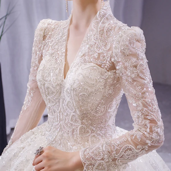 Luxury / Gorgeous Sparkly White Beading Pearl Rhinestone Sequins Wedding Dresses 2021 Ball Gown V-Neck Long Sleeve Backless Royal Train Wedding