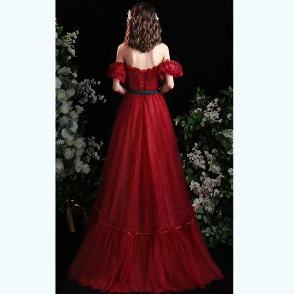 Charming Burgundy Glitter Prom Dresses 2021 A-Line / Princess Off-The-Shoulder Puffy Short Sleeve Sash Floor-Length / Long Prom Formal Dresses