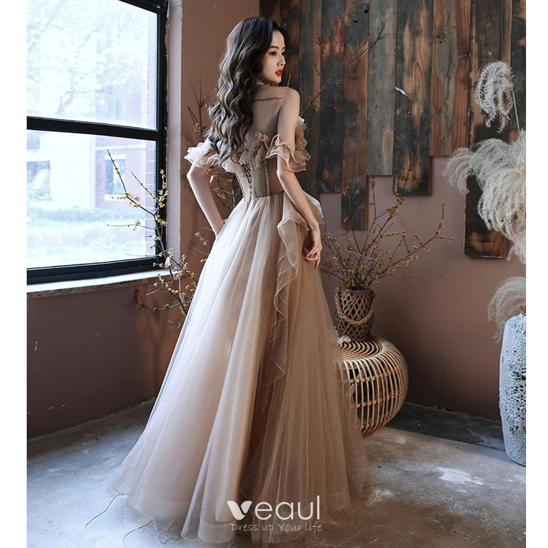 Charming Khaki Beading Glitter Prom Dresses 2021 A Line Princess Ruffle Off The Shoulder Short Sleeve Backless Floor Length Long Formal Dresses