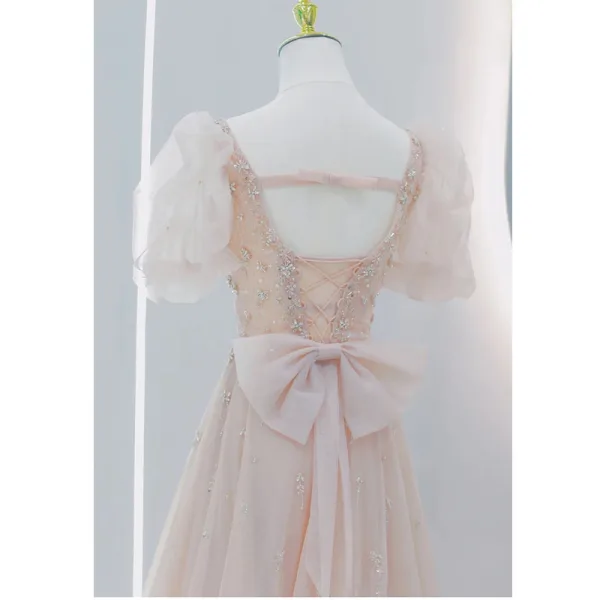 Élégant Rougissant Rose Robe De Bal 2021 Princesse Encolure Carrée Perlage Étoile Paillettes Gonflée Manches Courtes Dos Nu Noeud Longue Robe De Ceremonie