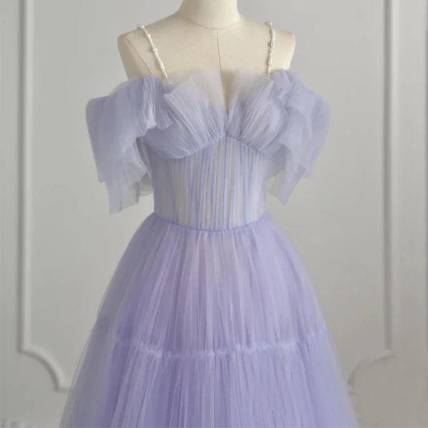 Elegant Lavender Pierced Prom Dresses 2021 A-Line / Princess Spaghetti Straps Short Sleeve Floor-Length / Long Formal Dresses