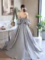 Elegant Sky Blue Satin Prom Dresses 2021 A-Line / Princess Strapless Beading Bow Short Sleeve Backless Floor-Length / Long Formal Dresses