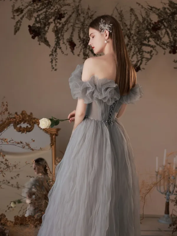 Elegant Grey Prom Dresses 2021 A-Line / Princess Ruffle Off-The-Shoulder Short Sleeve Backless Floor-Length / Long Formal Dresses