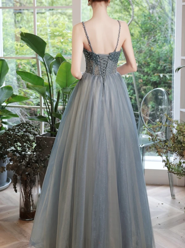 Élégant Océan Bleu Robe De Bal 2021 Princesse Bretelles Spaghetti Perlage Perle Paillettes Sans Manches Dos Nu Longue Robe De Ceremonie