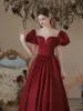Elegant Burgundy Satin Prom Dresses 2021 A-Line / Princess Beading Puffy Scoop Neck Short Sleeve Prom Floor-Length / Long Formal Dresses