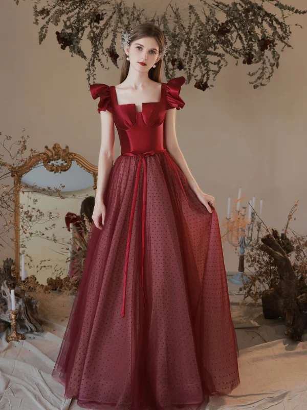 Elegant Burgundy Satin Spotted Prom Dresses 2021 A-Line / Princess Square Neckline Short Sleeve Backless Bow Floor-Length / Long Formal Dresses