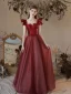 Elegant Burgundy Satin Spotted Prom Dresses 2021 A-Line / Princess Square Neckline Short Sleeve Backless Bow Floor-Length / Long Formal Dresses