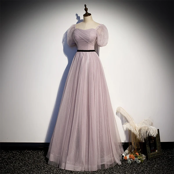 Eleganckie Ciemny Róż Cekinami Sukienki Na Bal 2021 Princessa Kwadratowy Dekolt Bufiasta Kótkie Rękawy Szarfa Bez Pleców Długie Sukienki Wizytowe