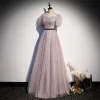 Elegant Dusky Pink Glitter Prom Dresses 2021 A-Line / Princess Square Neckline Puffy Short Sleeve Sash Backless Floor-Length / Long Formal Dresses