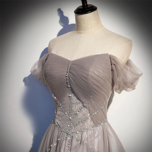 Elegant Grey Glitter Prom Dresses 2021 A-Line / Princess Off-The-Shoulder Beading Sequins Lace Flower Short Sleeve Backless Floor-Length / Long Formal Dresses
