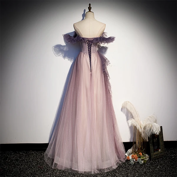 Mode Violet Glitter Robe De Bal 2021 Princesse Volants De l'épaule Perlage Manches Courtes Dos Nu Longue Robe De Ceremonie