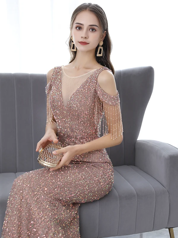 Sexy Champagne Evening Dresses 2021 Trumpet / Mermaid Scoop Neck Beading Tassel Sequins Sleeveless Backless Floor-Length / Long Formal Dresses