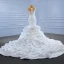 Luxury / Gorgeous White Cascading Ruffles Wedding Dresses 2021 Trumpet / Mermaid Scoop Neck Beading Sequins Rhinestone Lace Flower Sleeveless Backless Royal Train Wedding