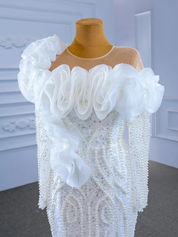 Luxury / Gorgeous Charming White Beading Pearl Sequins Wedding Dresses 2021 Trumpet / Mermaid Ruffle Scoop Neck Long Sleeve Backless Chapel Train Wedding