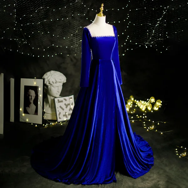 Dress Robe En Velour Bleu Elegant Royal Blue Suede Velour Prom Dresses 2021  A-Line Princess Square Neckline Long