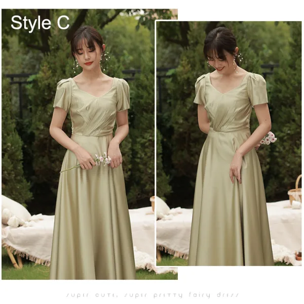 Modest / Simple Olive Green Satin Bridesmaid Dresses 2021 A-Line / Princess Short Sleeve Backless Floor-Length / Long Wedding Party Dresses