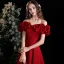 Elegant Burgundy Prom Dresses 2021 A-Line / Princess Backless Ruffle Floor-Length / Long Satin Off-The-Shoulder Prom Short Sleeve Formal Dresses