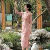 Chinese style Blushing Pink Cheongsam Suede Evening Dresses 2021 Trumpet / Mermaid High Neck 1/2 Sleeves Evening Party Tea-length Formal Dresses