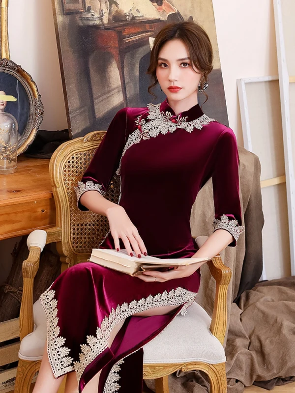 Chinese style Burgundy Suede Velour Cheongsam Evening Dresses 2021 Trumpet / Mermaid High Neck 1/2 Sleeves Lace Flower Split Front Tea-length Formal Dresses