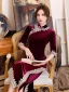 Chinese style Burgundy Suede Velour Cheongsam Evening Dresses 2021 Trumpet / Mermaid High Neck 1/2 Sleeves Lace Flower Split Front Tea-length Formal Dresses