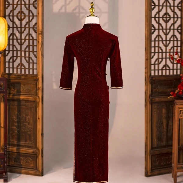 Chinese style Burgundy Evening Dresses Cheongsam 2021 Trumpet / Mermaid High Neck 3/4 Sleeve Split Front Tea-length Formal Dresses