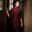High-end Burgundy Silk Floral Cheongsam Evening Dresses 2021 Trumpet / Mermaid High Neck 1/2 Sleeves Evening Party Tea-length Formal Dresses
