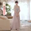 Fashion Blushing Pink Bridesmaid Dresses 2021 A-Line / Princess Beading Pearl Sequins Lace Flower Short Sleeve Backless Floor-Length / Long Wedding Party Dresses