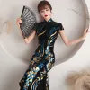 Chinese style Navy Blue Sequins Evening Dresses Cheongsam 2021 Trumpet / Mermaid Velour High Neck Short Sleeve Tea-length Formal Dresses