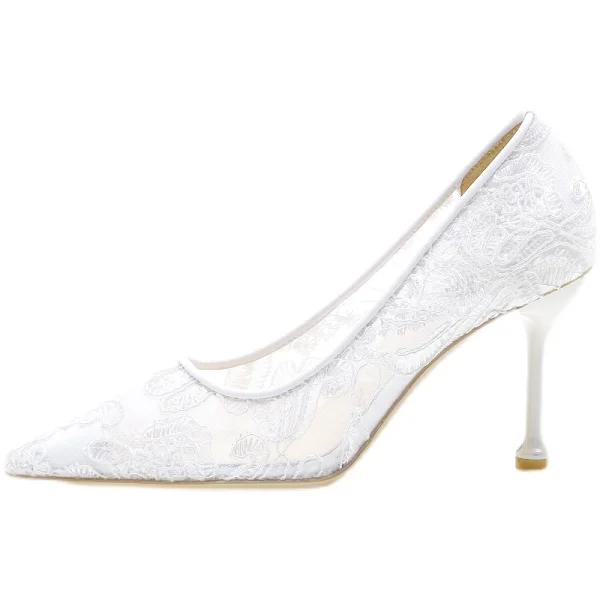 Chic / Beautiful White Lace Flower Wedding Shoes 2021 8 cm Stiletto Heels Pointed Toe Wedding Pumps High Heels