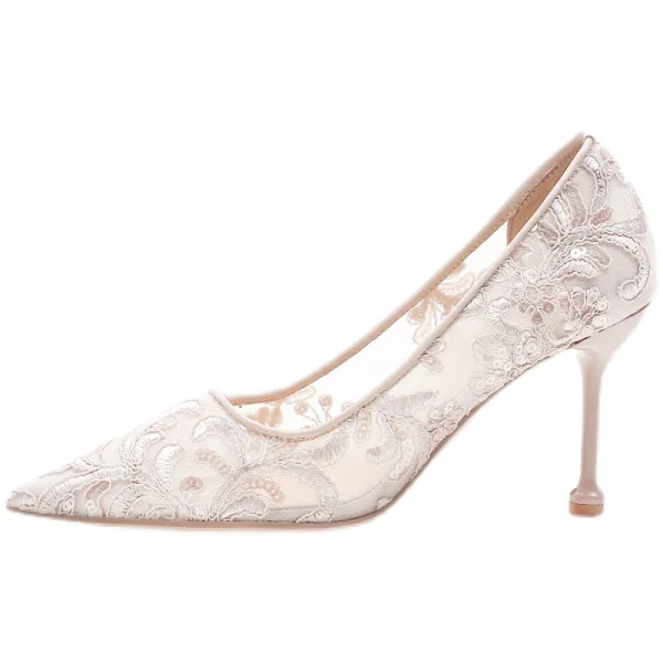 Chic / Beautiful Champagne Lace Flower Wedding Shoes 2021 8 cm Stiletto Heels Pointed Toe Wedding Pumps High Heels