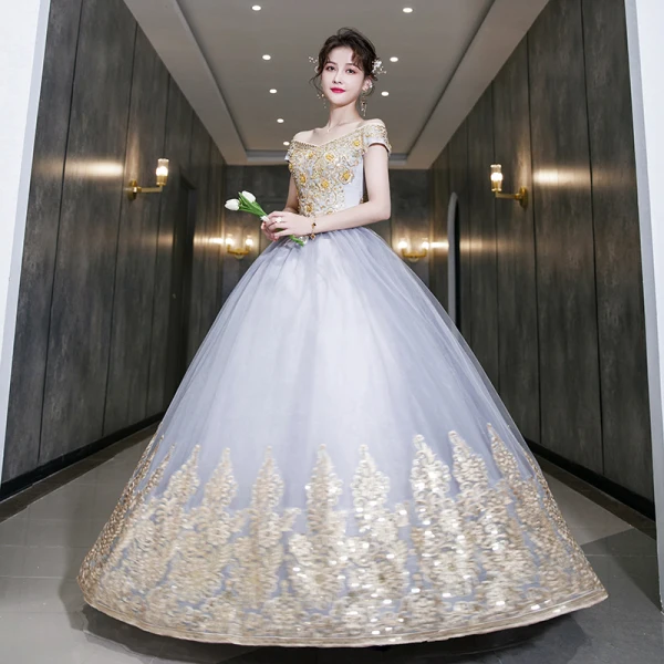 Elegant Silver Grey Prom Dresses 2022 Ball Gown Off-The-Shoulder Beading Pearl Sequins Lace Flower Short Sleeve Backless Floor-Length / Long Formal Dresses