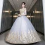 Elegant Silver Grey Prom Dresses 2022 Ball Gown Off-The-Shoulder Beading Pearl Sequins Lace Flower Short Sleeve Backless Floor-Length / Long Formal Dresses