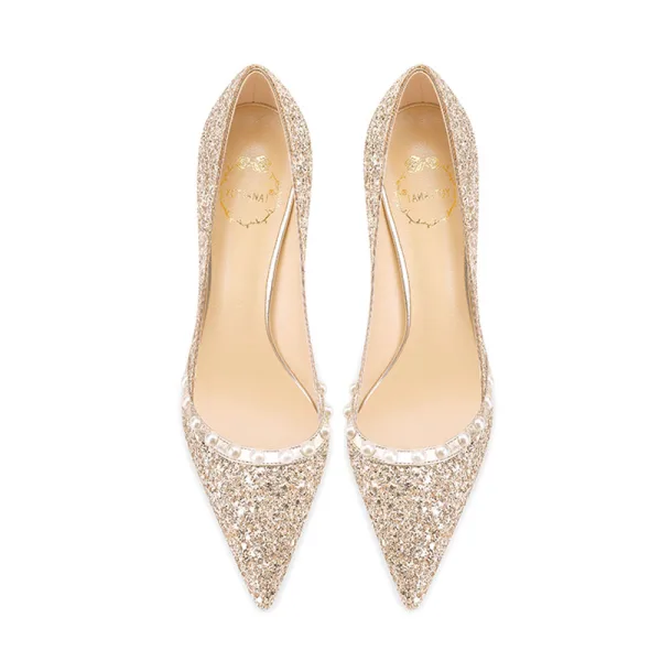Sparkly Gold Pearl Sequins Wedding Shoes 2022 8 cm Stiletto Heels Pointed Toe Wedding Pumps High Heels