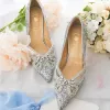 Sparkly Silver Rhinestone Sequins Wedding Shoes 2022 Leather 8 cm Stiletto Heels Pointed Toe Wedding Pumps High Heels