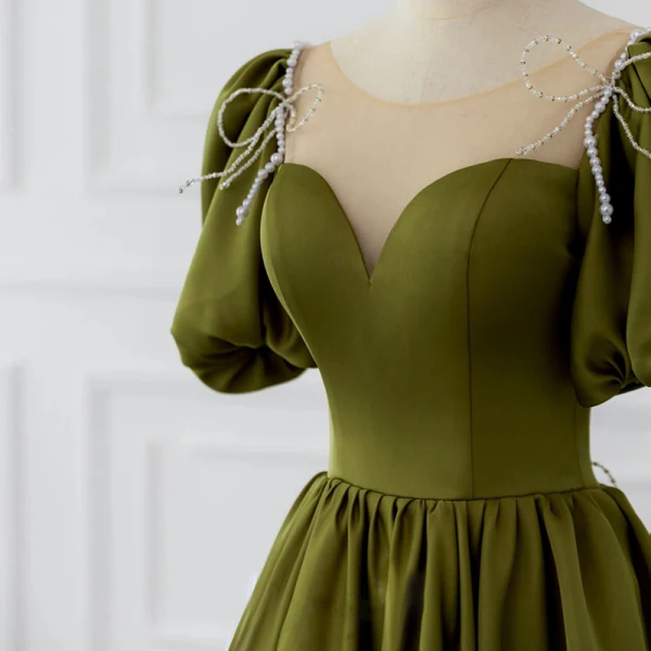 Modest / Simple Olive Green Beading Bow Prom Dresses 2022 A-Line / Princess Scoop Neck Short Sleeve Backless Floor-Length / Long Formal Dresses