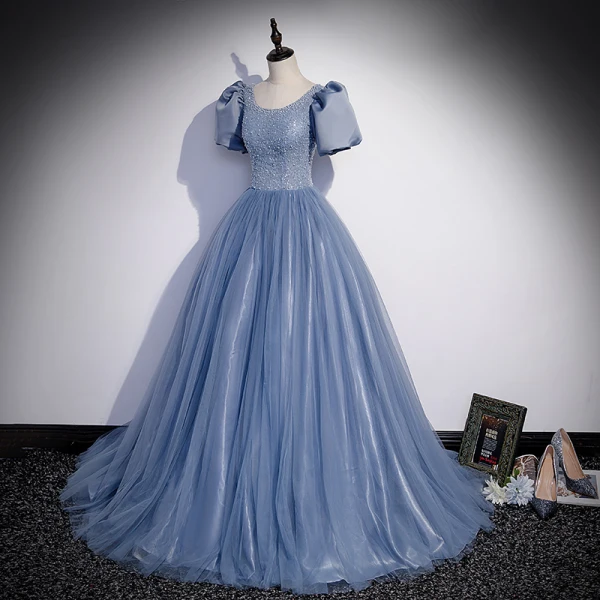 Élégant Bleu Ciel Robe De Bal 2022 Princesse Encolure Dégagée Perlage Perle Paillettes Gonflée Manches Courtes Dos Nu Longue Robe De Ceremonie