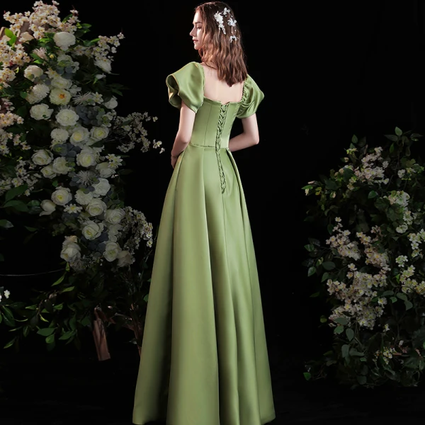 Chic / Beautiful Sage Green Satin Prom Dresses 2021 A-Line / Princess Off-The-Shoulder Puffy Short Sleeve Backless Floor-Length / Long Formal Dresses