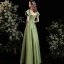 Chic / Beautiful Sage Green Satin Prom Dresses 2021 A-Line / Princess Off-The-Shoulder Puffy Short Sleeve Backless Floor-Length / Long Formal Dresses