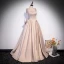 Elegante Champagner Satin Ballkleider 2022 A Linie Spaghettiträger Perlenstickerei Perle Ärmellos Rückenfreies Schleife Lange Festliche Kleider